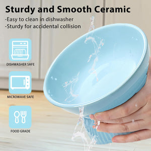 Blue ceramic bowl with water splashing out, held by a hand, on a wooden surface at Pet Servo