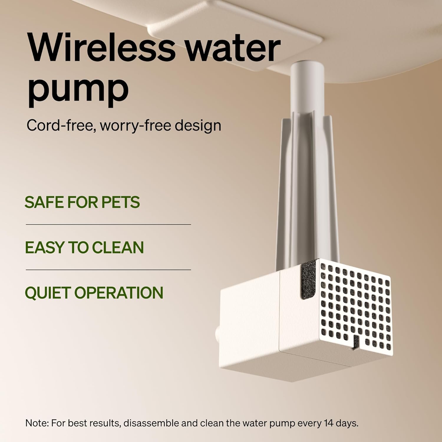 Wireless water pump with features listed on a beige background