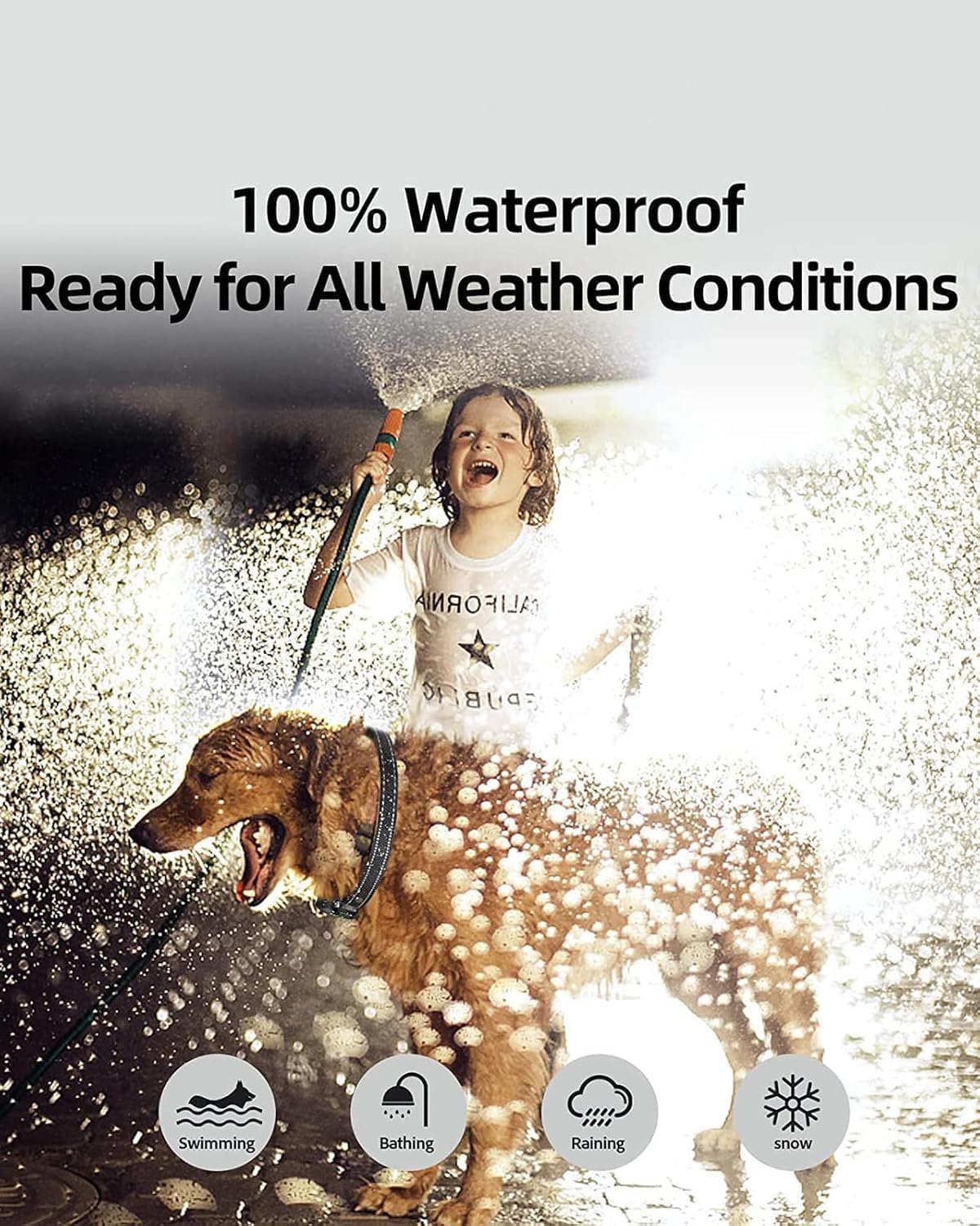 Child and dog playing in water with text '100% Waterproof Ready for All Weather Conditions' at Pet Servo