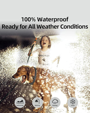 Child and dog playing in water with text '100% Waterproof Ready for All Weather Conditions' at Pet Servo