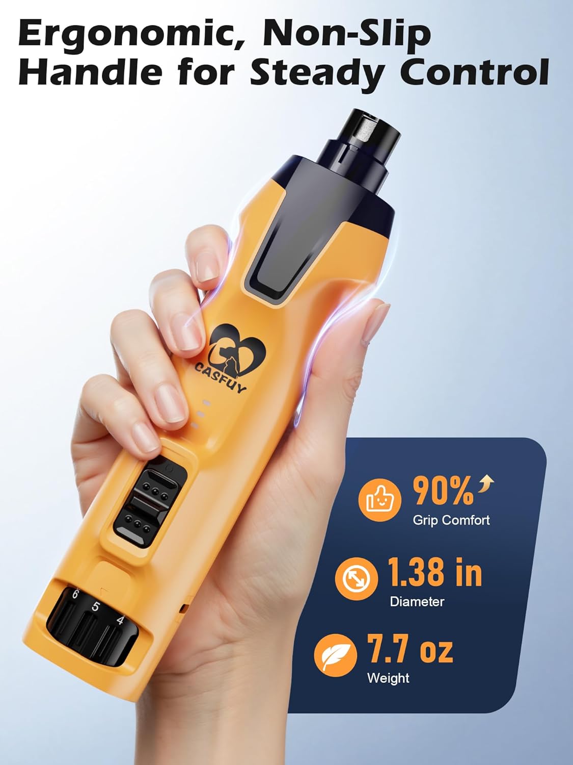 Hand holding an orange tool with ergonomic design, labeled 'Casualty', on a light blue background at Pet Servo