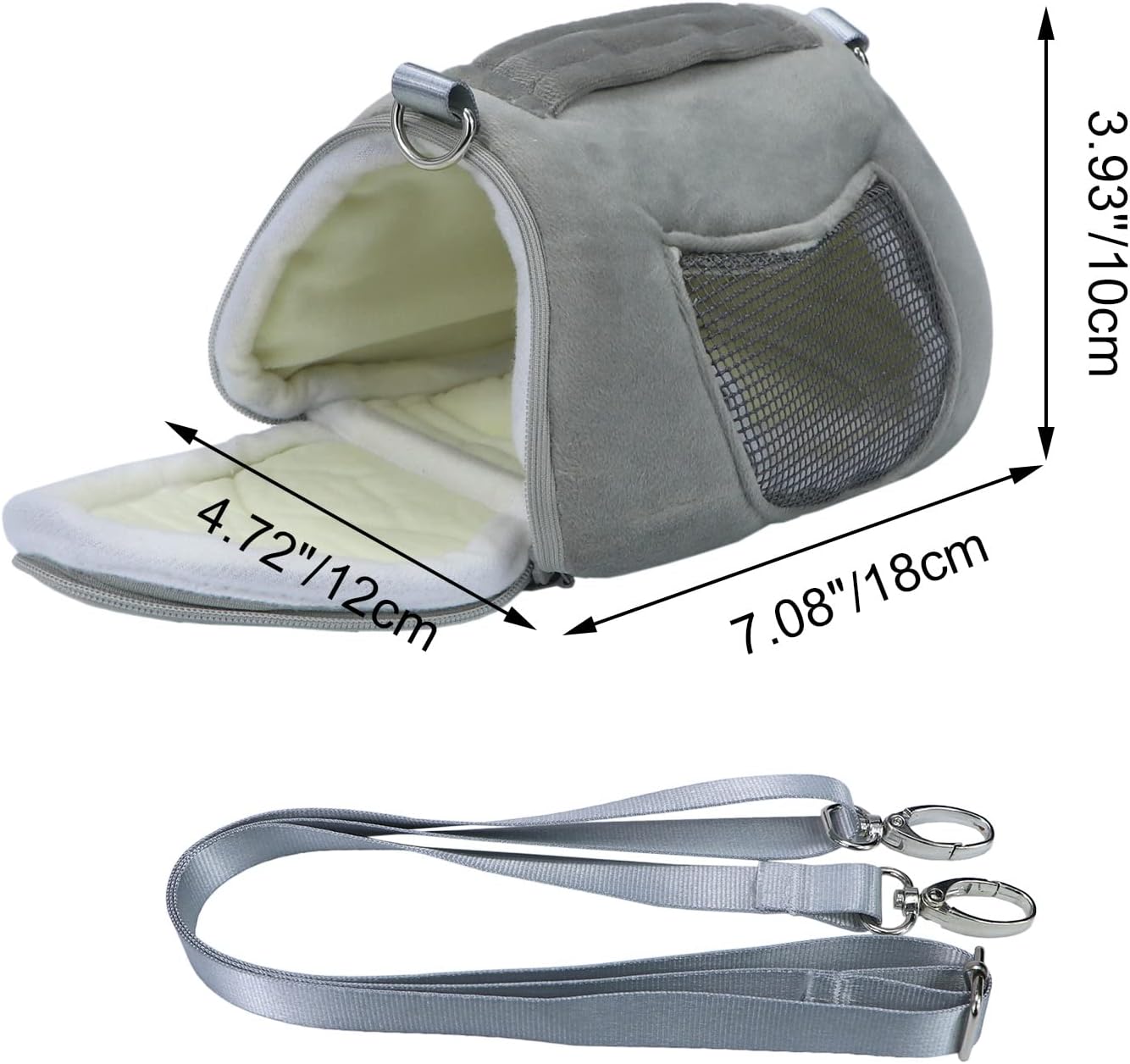 Gray pet carrier with measurement details on a white background at Pet Servo