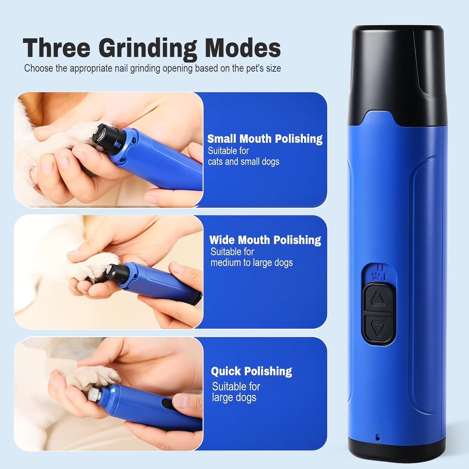 Blue pet nail grinder with usage instructions on a light blue background at Pet Servo