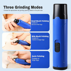 Blue pet nail grinder with usage instructions on a light blue background at Pet Servo