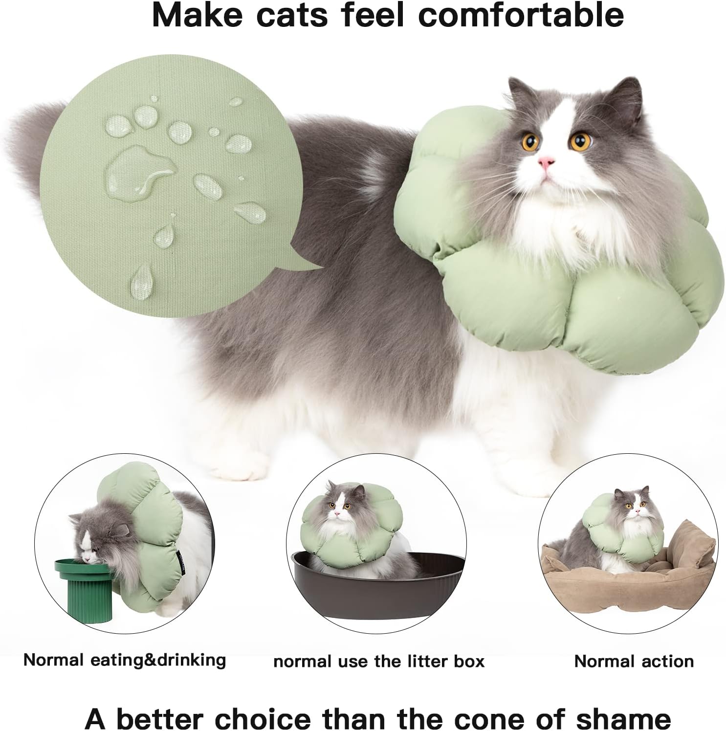 Cat wearing a green comfort wrap with additional images showing its use at Pet Servo