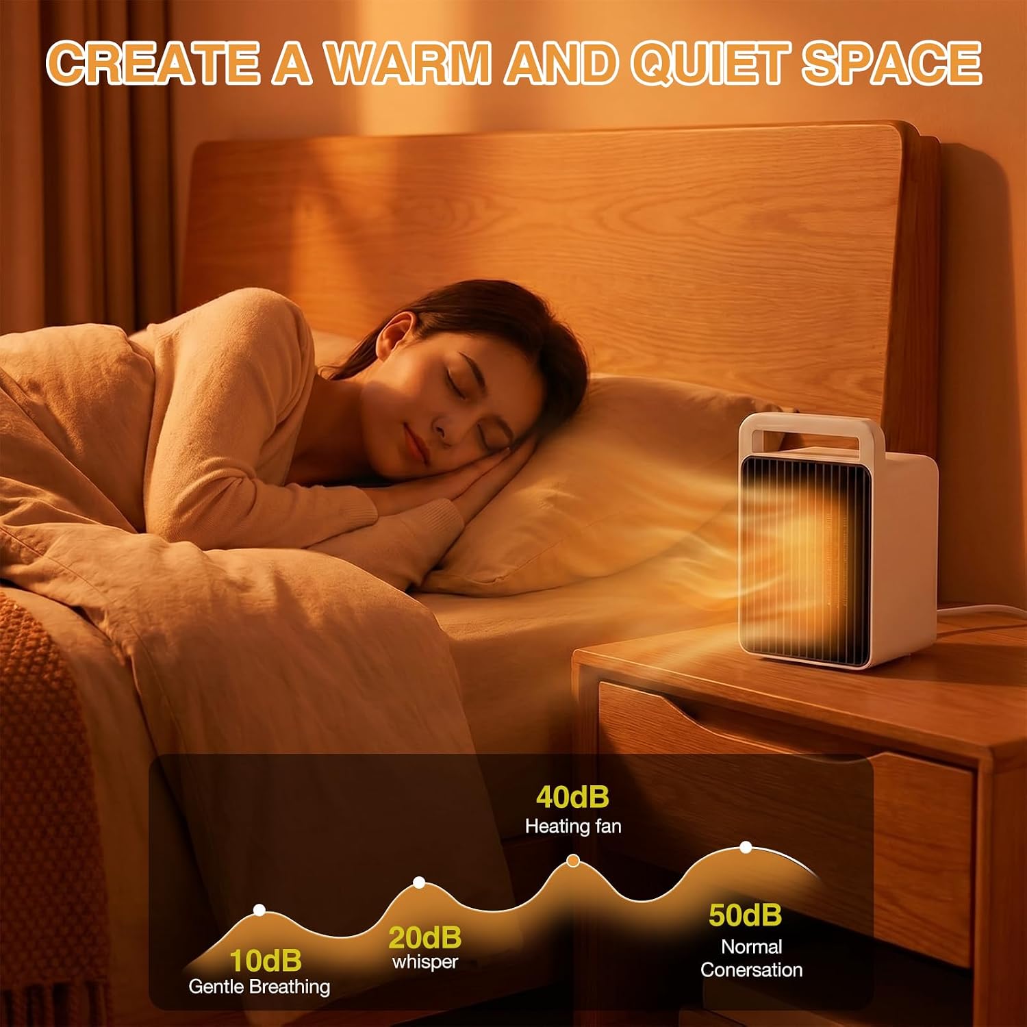 A warm-toned bedroom scene shows a woman sleeping in bed next to a white and wood electric heater fan. Large text at the top reads 'CREATE A WARM AND QUIET SPACE,' and a lower panel shows sound levels from 10dB to 50dB with labels for gentle breathing, whisper, normal conversation, and heating fan.