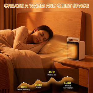 A warm-toned bedroom scene shows a woman sleeping in bed next to a white and wood electric heater fan. Large text at the top reads 'CREATE A WARM AND QUIET SPACE,' and a lower panel shows sound levels from 10dB to 50dB with labels for gentle breathing, whisper, normal conversation, and heating fan.