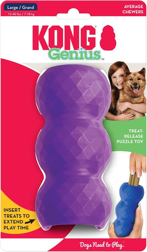 Kong Genius dog toy packaging with purple toy and text on a colorful background at Pet Servo