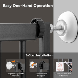 Door lock installation tool with text on easy one-hand operation and 3-step installation process.