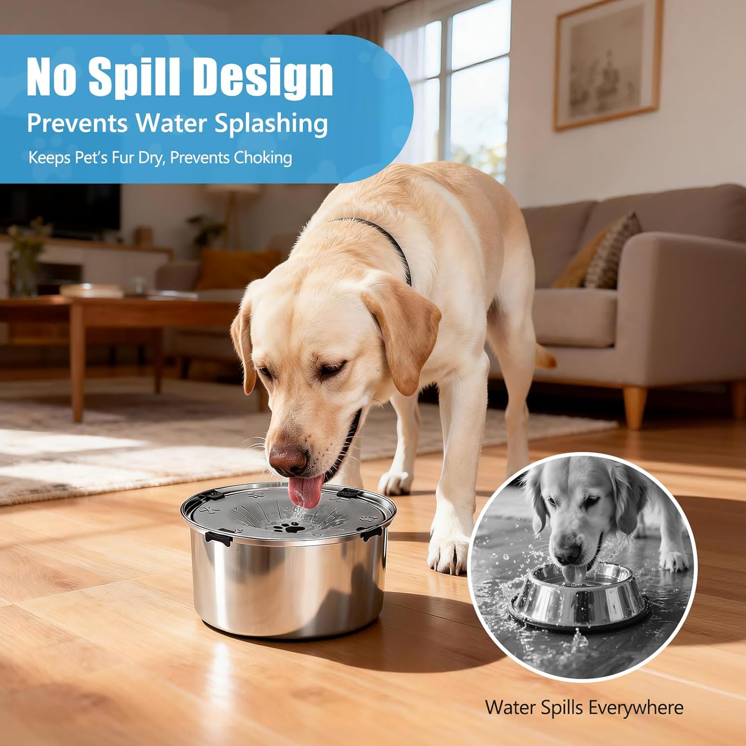 Dog drinking from a stainless steel water bowl in a living room with 'No Spill Design' text at Pet Servo