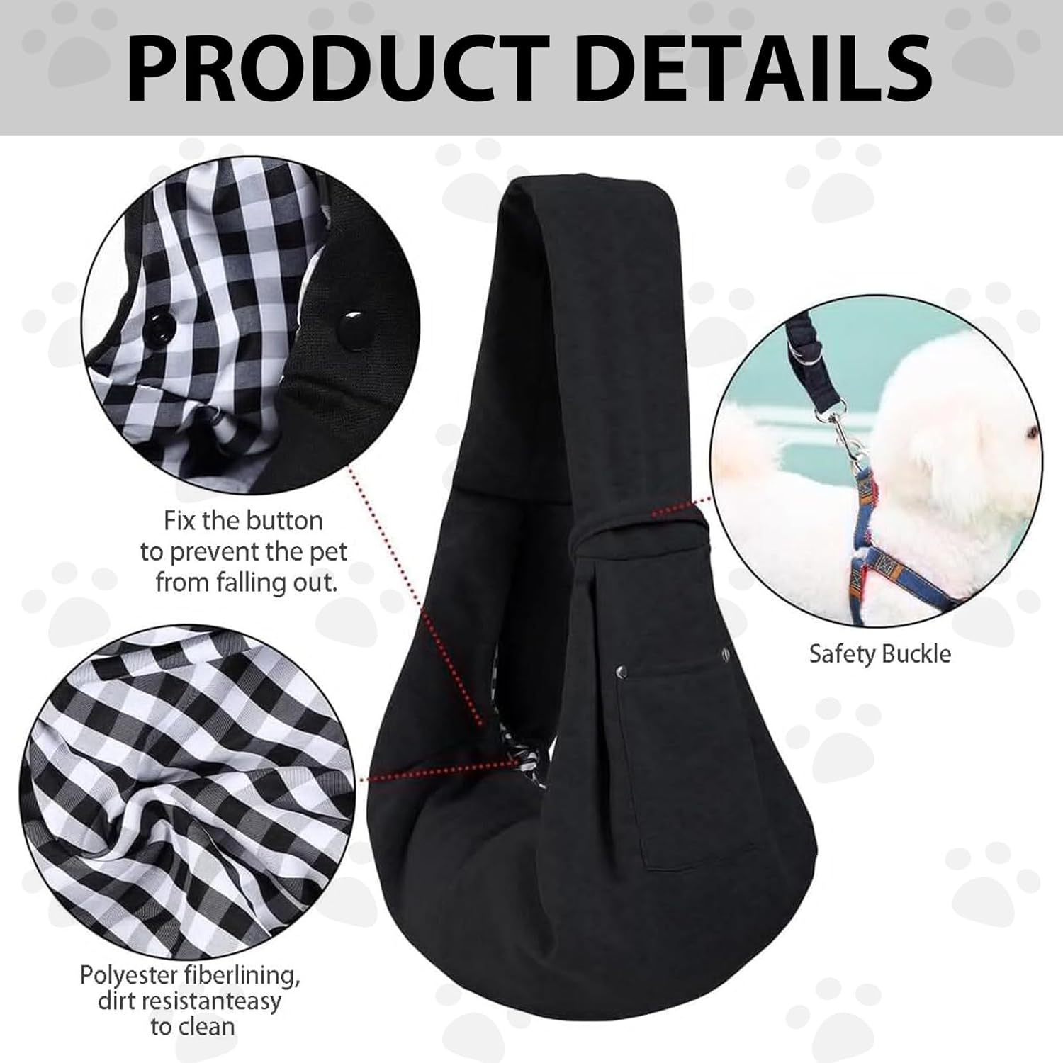 Black pet sling with safety features and pet on a leash on a light gray background at Pet Servo