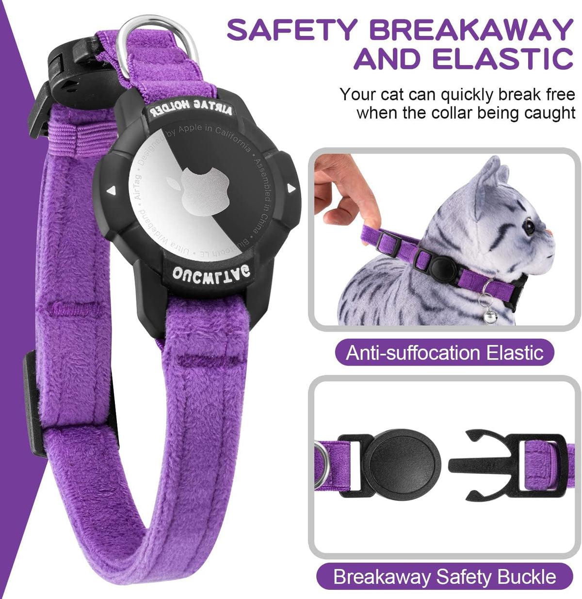 Purple pet collar with a black safety buckle and a cat photo demonstrating the anti-suffocation elastic feature, on a white background with promotional text at Pet Servo