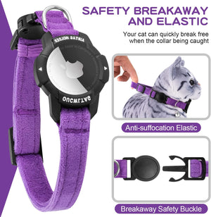 Purple pet collar with a black safety buckle and a cat photo demonstrating the anti-suffocation elastic feature, on a white background with promotional text at Pet Servo