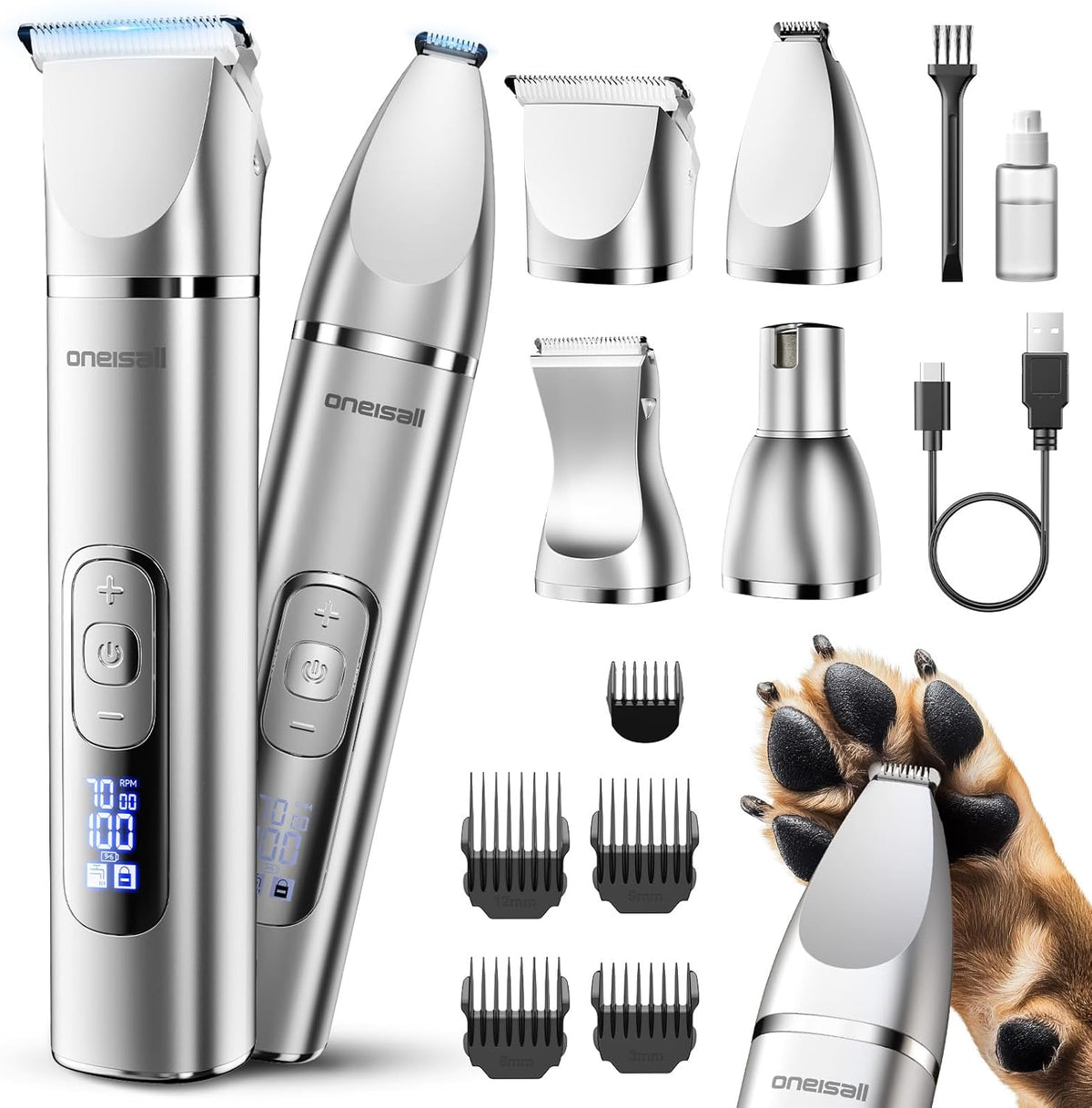Set of grooming tools including a hair trimmer, attachments, and a dog nail clipper on a white background.