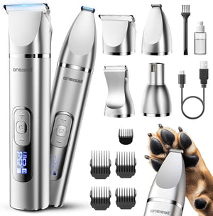 Set of grooming tools including a hair trimmer, attachments, and a dog nail clipper on a white background.