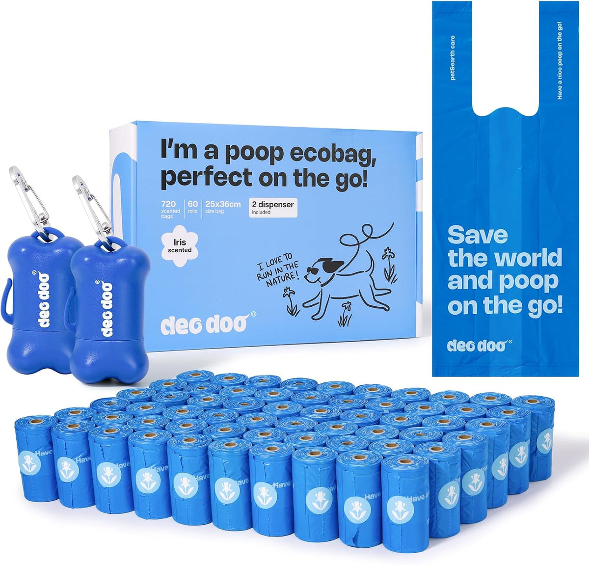 Blue dog waste bags with dispensers and packaging on a white background at Pet Servo