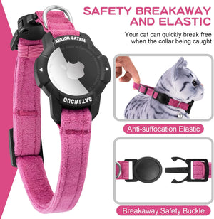 Pink and black pet safety collar with an integrated black watch face, shown alongside feature callouts and a small inset photo of a cat wearing the collar at Pet Servo