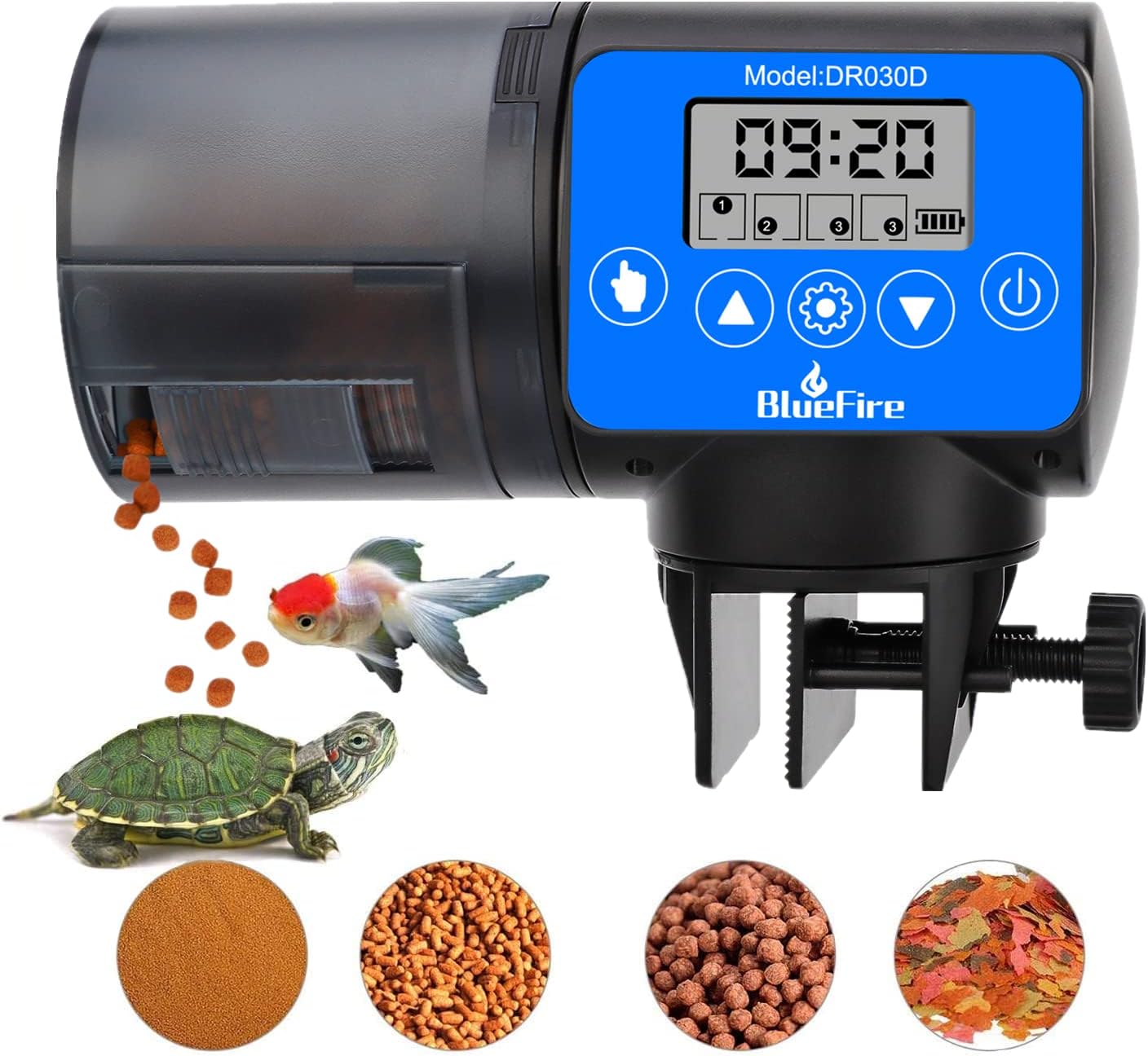 Aquarium feeder with digital display and various food types shown below on a white background at Pet Servo