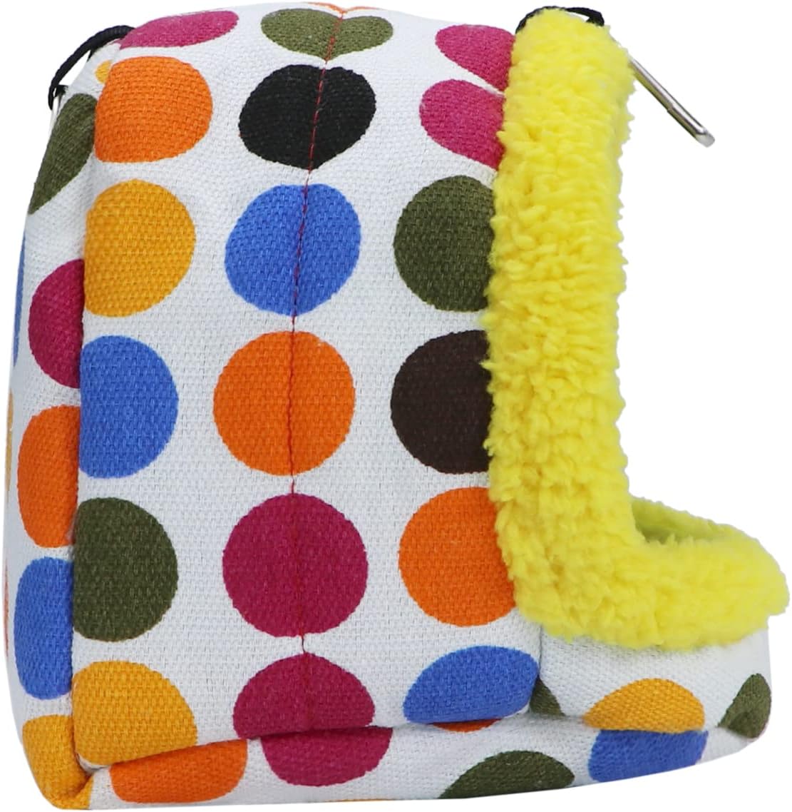 Colorful polka dot pouch with a yellow plush handle on a white background at Pet Servo