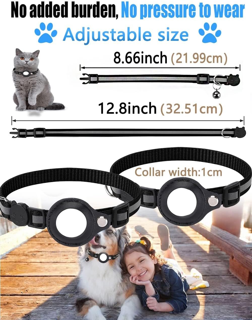 Adjustable pet collar shown in multiple views with measurement callouts, a cat photo, and a woman with a dog on a wooden dock. The image includes text about adjustable size and collar width 1 cm at Pet Servo