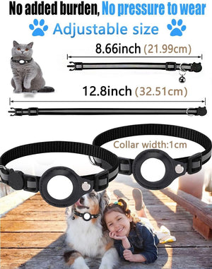 Adjustable pet collar shown in multiple views with measurement callouts, a cat photo, and a woman with a dog on a wooden dock. The image includes text about adjustable size and collar width 1 cm at Pet Servo