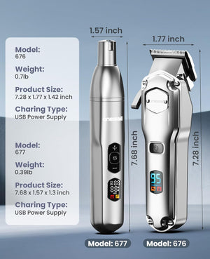 Two electronic devices with measurements and specifications on a blue backgroundBuy oneisall - 4-in-1 Pet Grooming Kit at Pet Servo