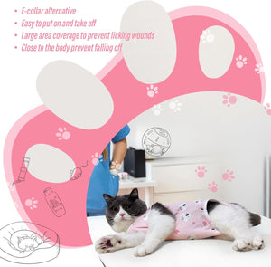 Cat lying on a pink paw-shaped cushion with product features listed at Pet Servo