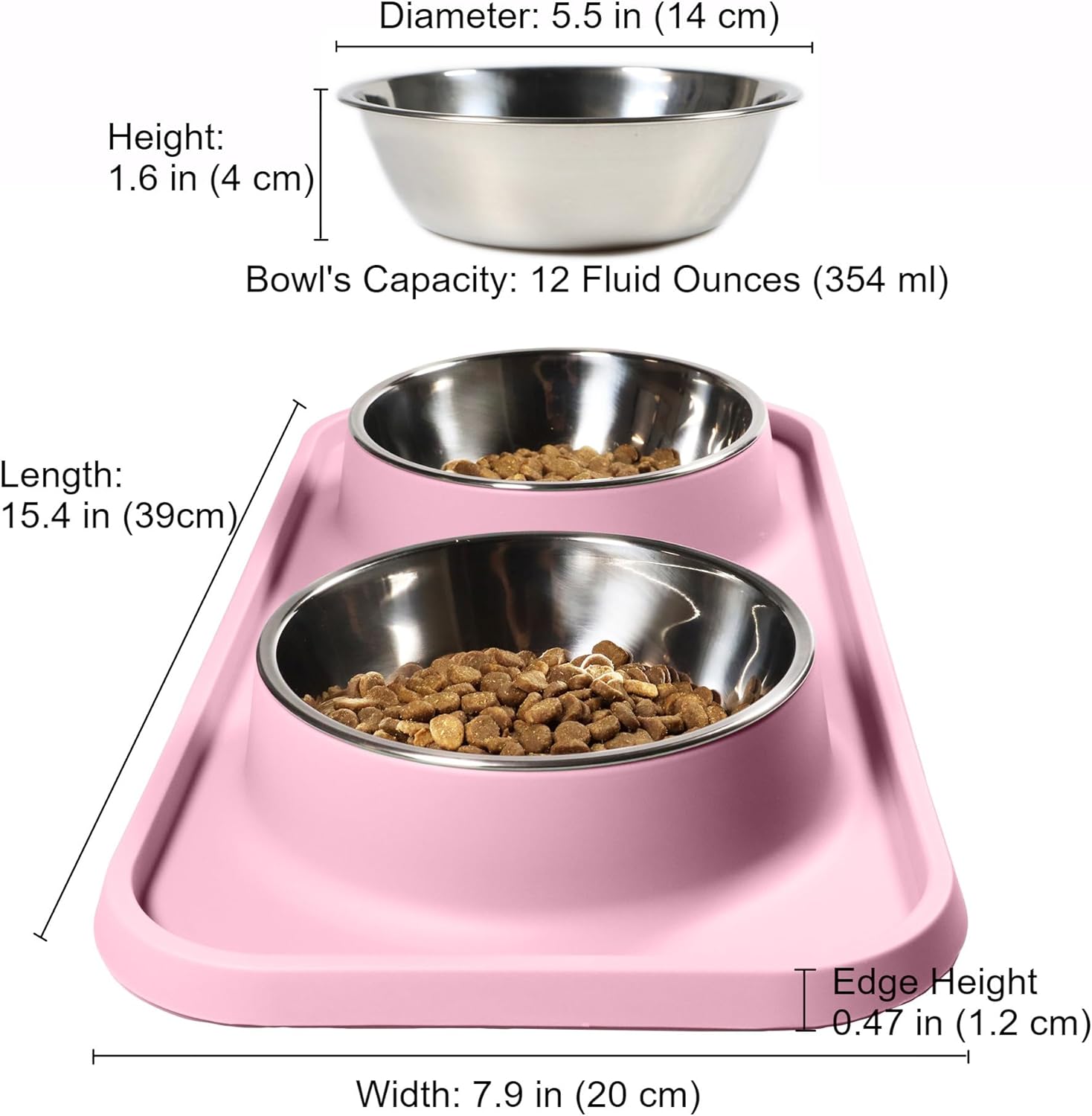 Pink pet feeder with two metal bowls containing food, showing measurements and capacity details at Pet Servo