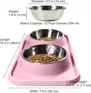 Pink pet feeder with two metal bowls containing food, showing measurements and capacity details at Pet Servo