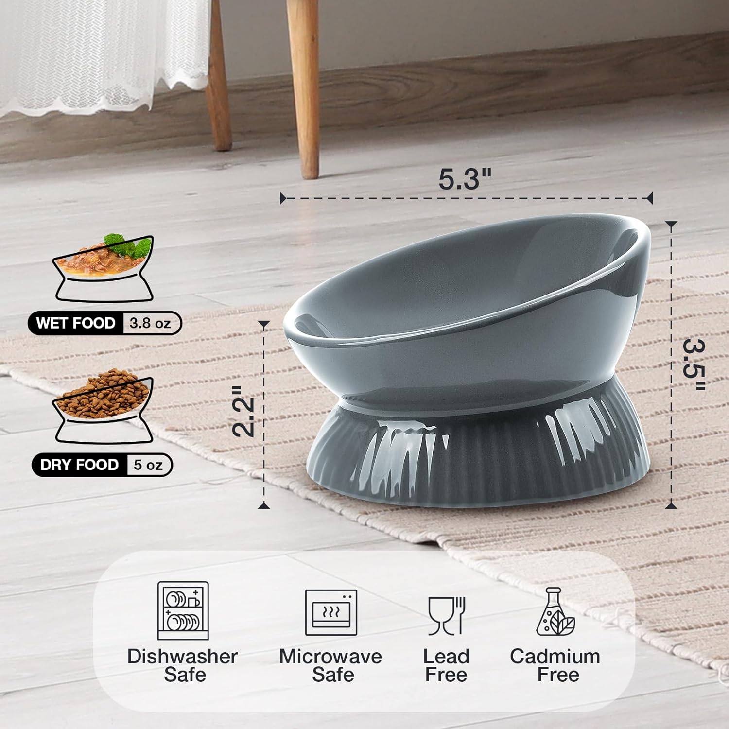 Gray elevated pet feeder with measurements and food type icons on a light wooden floor at Pet Servo