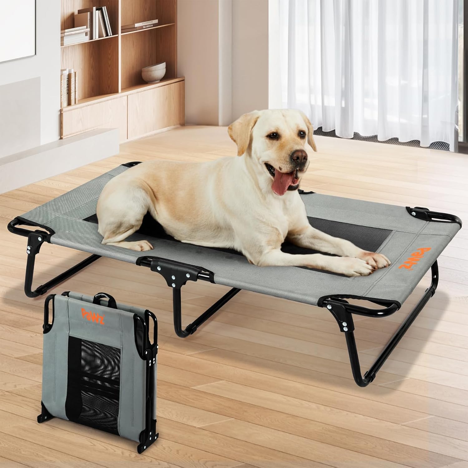 Dog lying on a portable pet bed with a carrying case in a room at Pet Servo