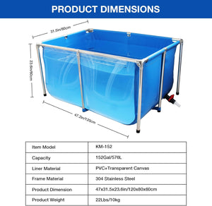 Dimensions and specifications of a blue rectangular pool with metal frame on a white background at Pet Servo
