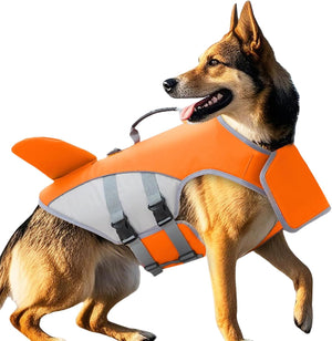 Dog wearing an orange life jacket on a white background at Pet Servo