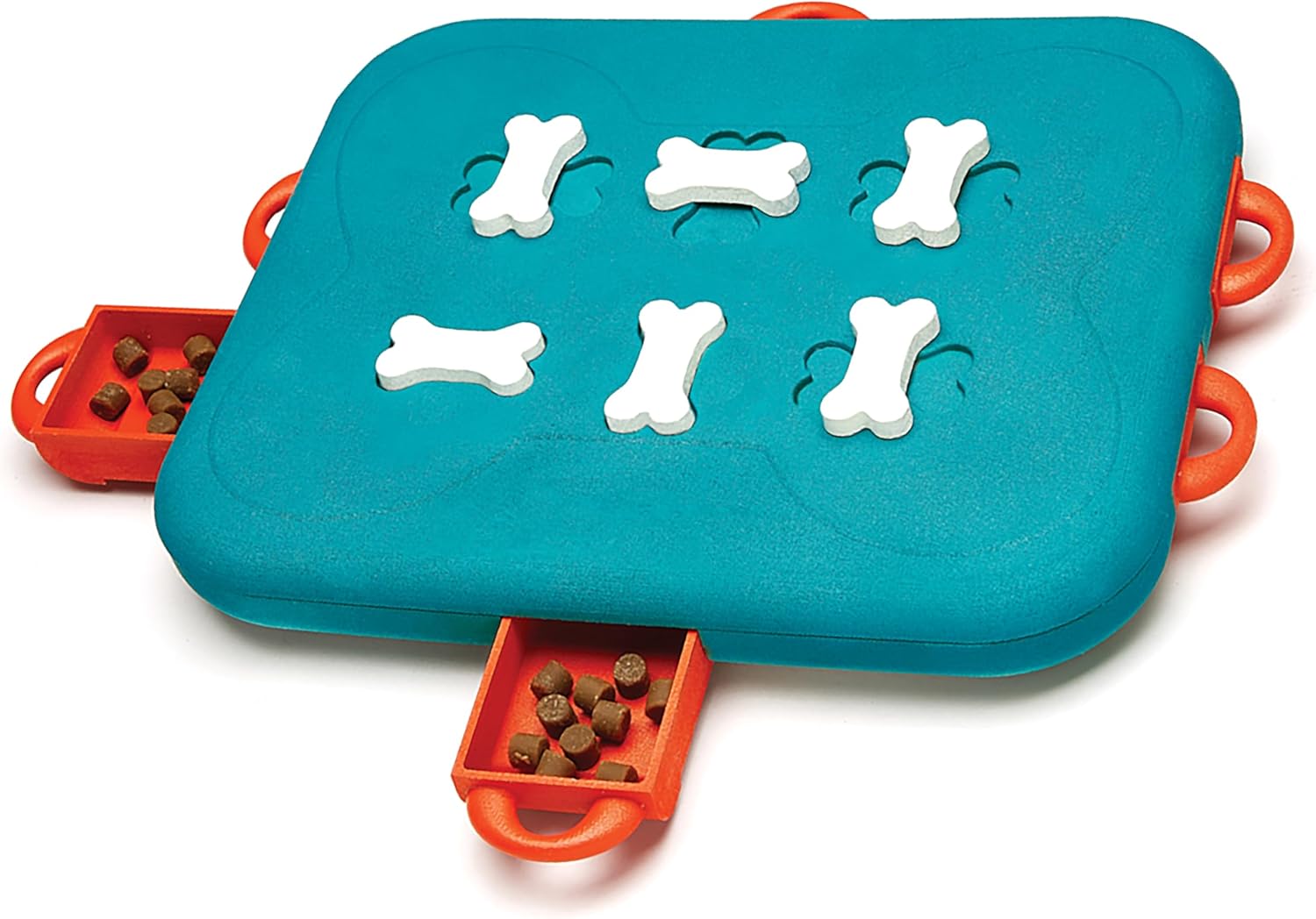 Pet puzzle toy with bone-shaped holes and treat dispensers on a blue and orange base at Pet Servo