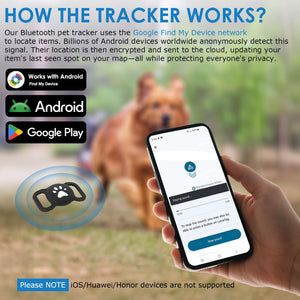 Hand holding a smartphone with a tracking app displayed, showing a dog in the background at Pet Servo