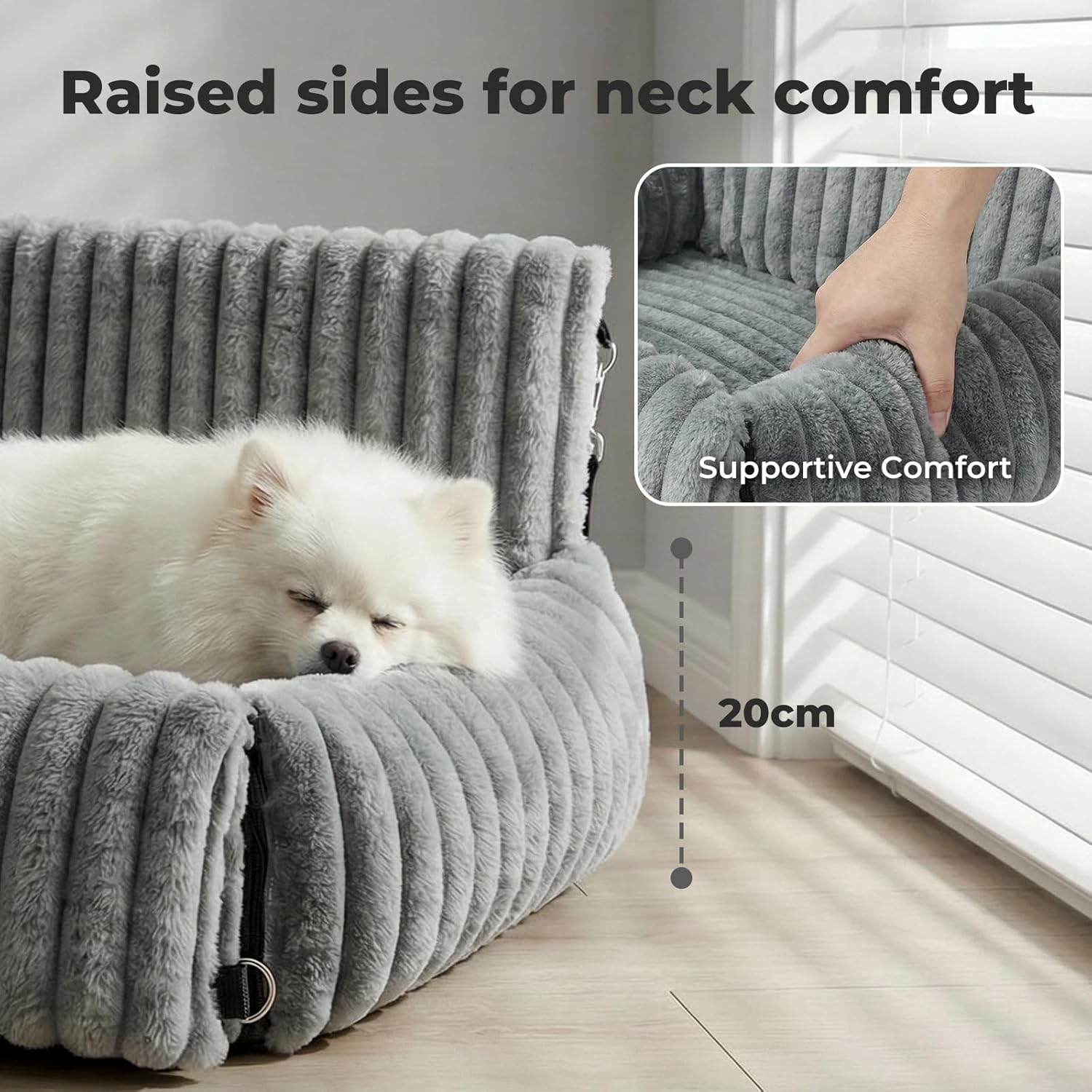Gray pet bed with raised sides for neck comfort, featuring a white dog sleeping on it at Pet Servo