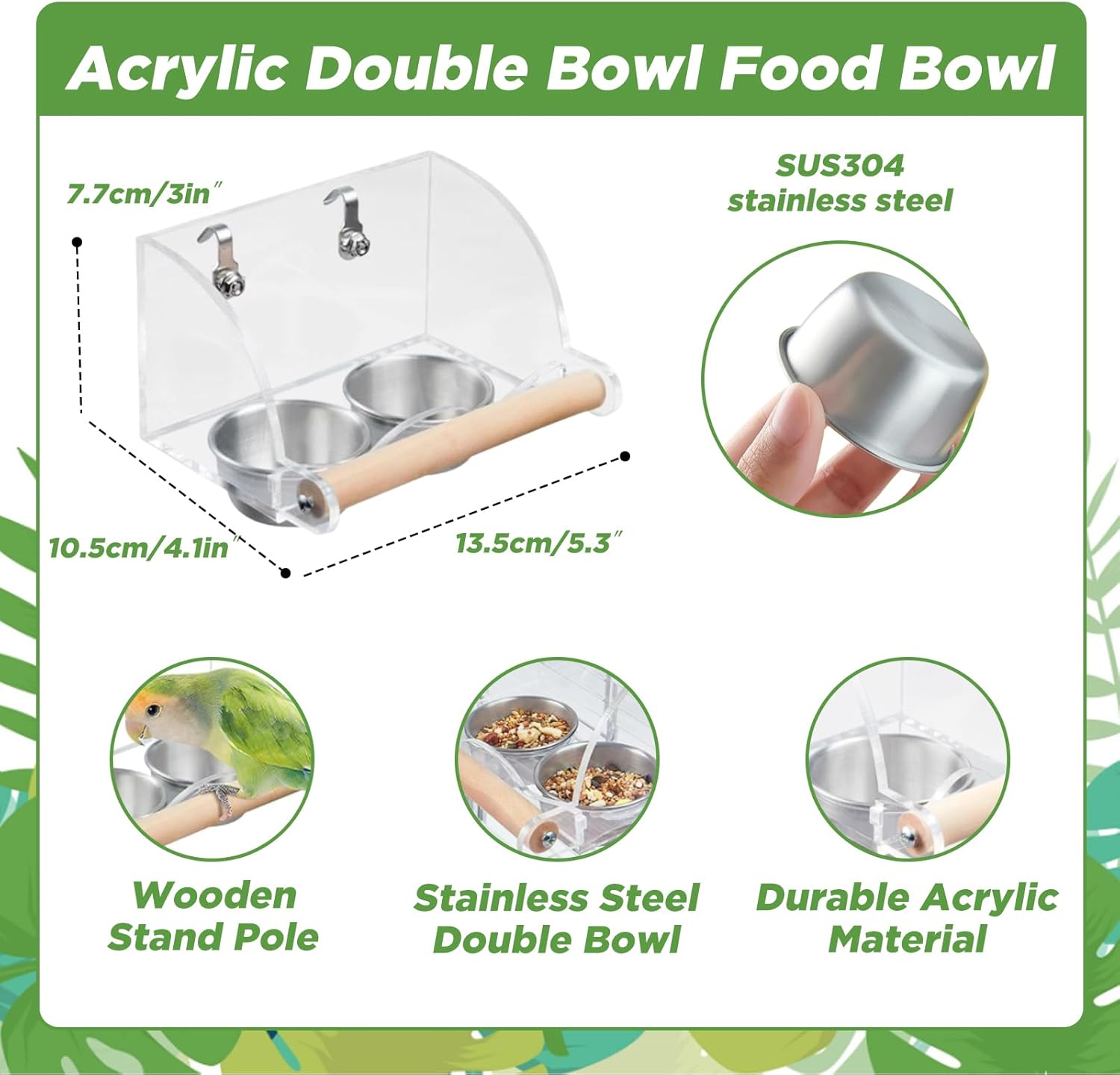 Acrylic double bowl food bowl with stainless steel bowls, wooden stand pole, and durable acrylic material on a green background at Pet Servo