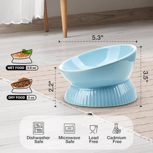 Blue pet food bowl with measurements and food type icons on a wooden floor at Pet Servo