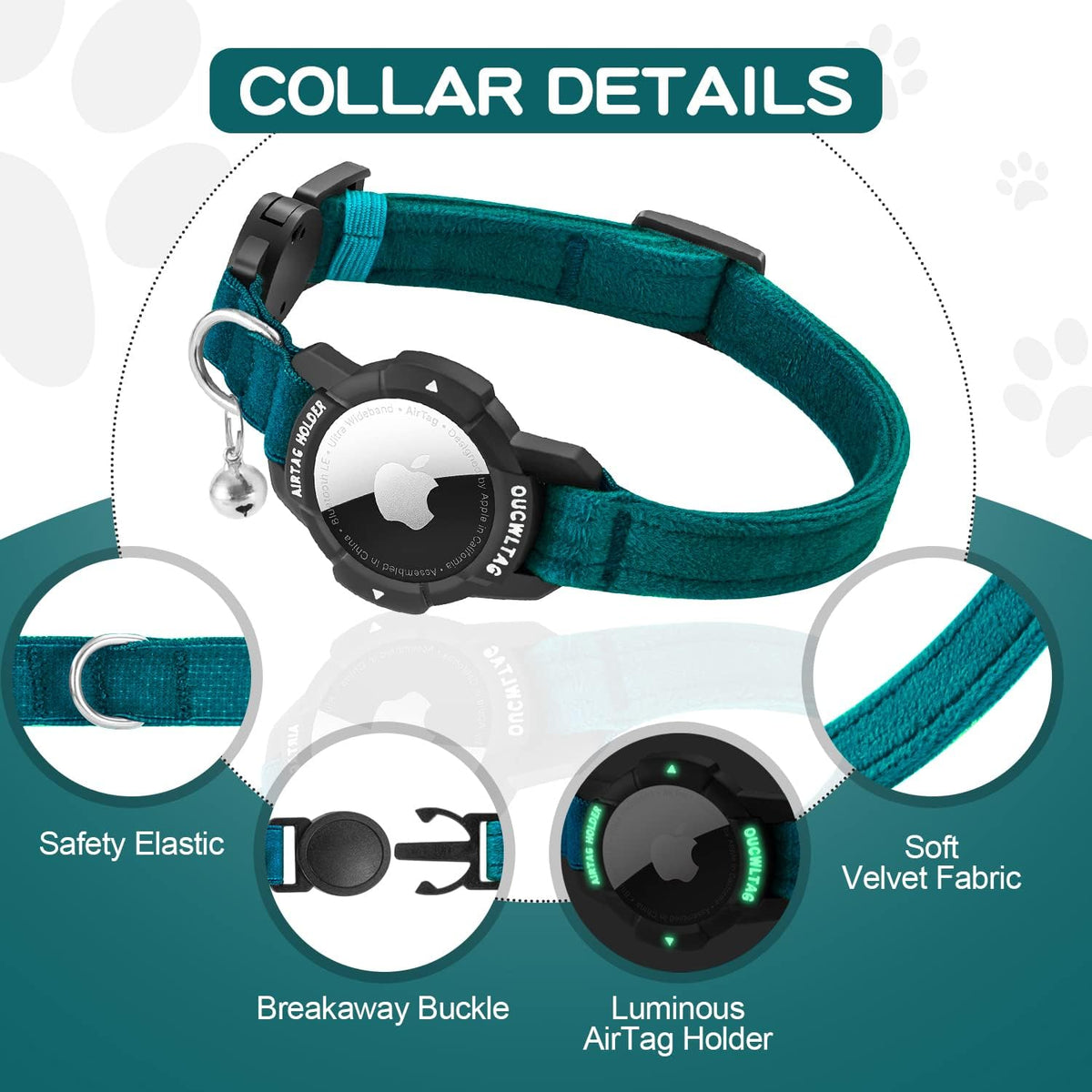 Teal dog collar with safety elastic, breakaway buckle, and luminous AirTag holder on a blue background at Pet Servo