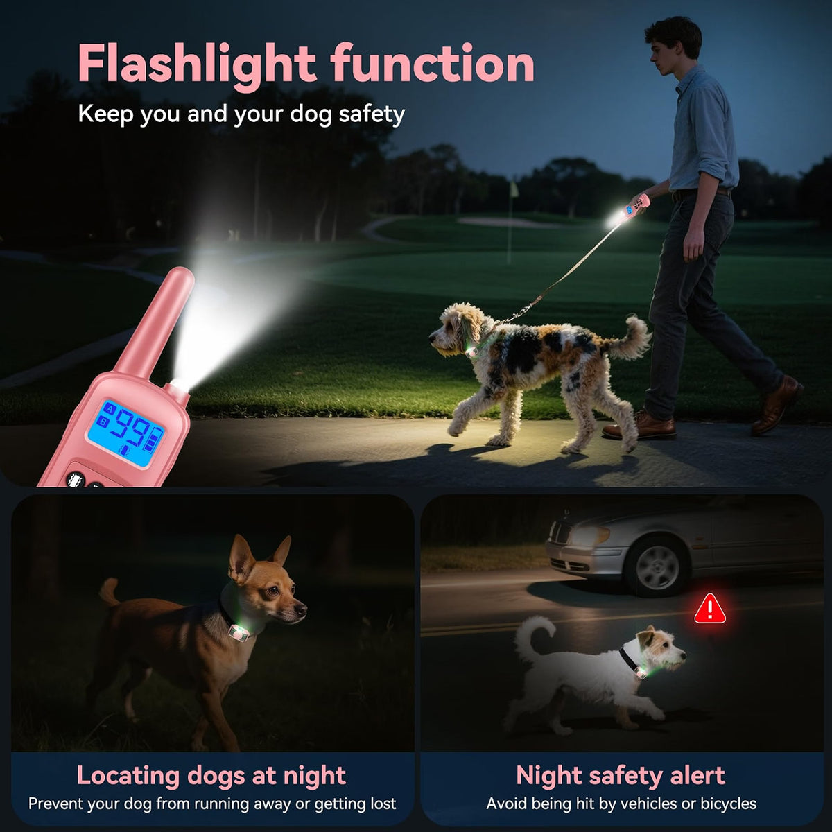 Dog flashlight with safety features for night walking and locating dogs