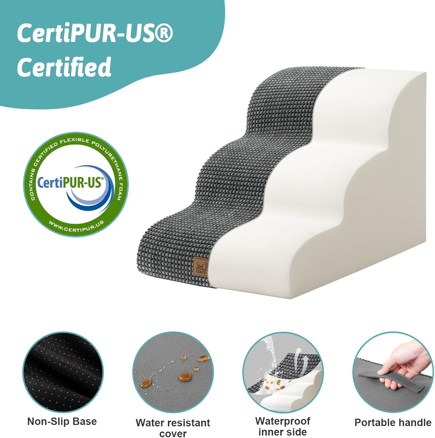 CertiPUR-US certified stair treads with features highlighted on a white background at Pet Servo