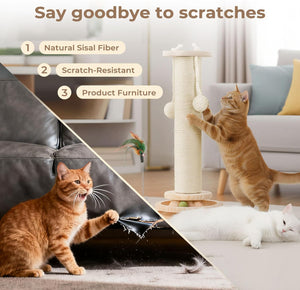 Cat using a scratching post with text 'Say goodbye to scratches' in a living room setting at Pet Servo