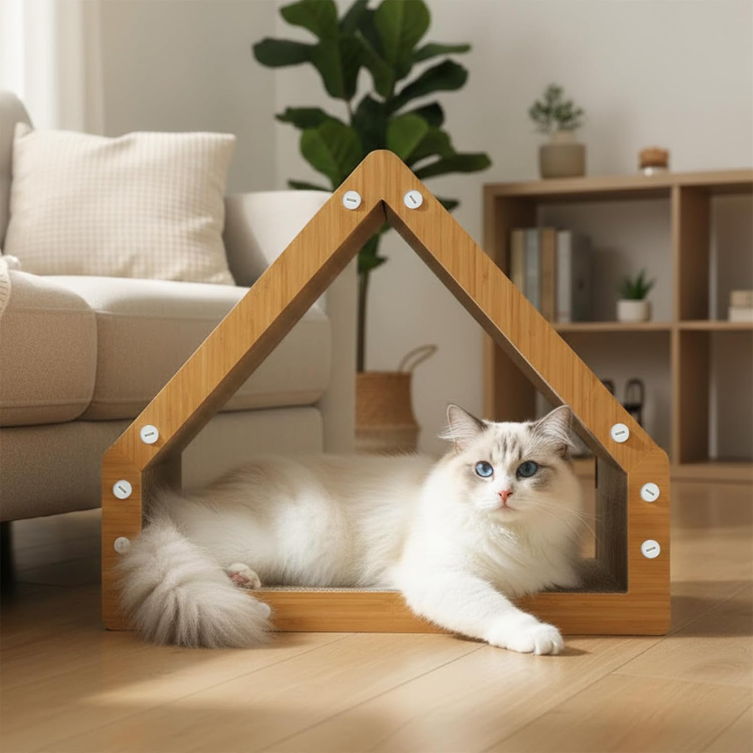 Cat lying on a wooden pet house in a cozy living room at Pet Servo