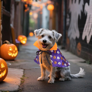 Dog in a Halloween costume standing in an alley with pumpkins at Pet Servo