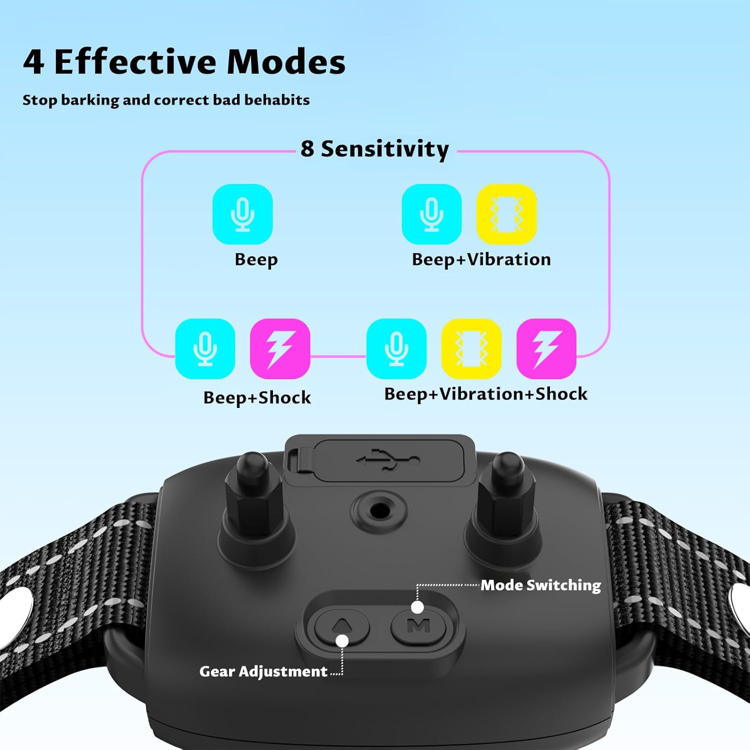 Dog training collar with mode switching and sensitivity options on a light blue background at Pet Servo