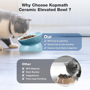 Cat eating from a ceramic elevated bowl with text highlighting benefits at Pet Servo