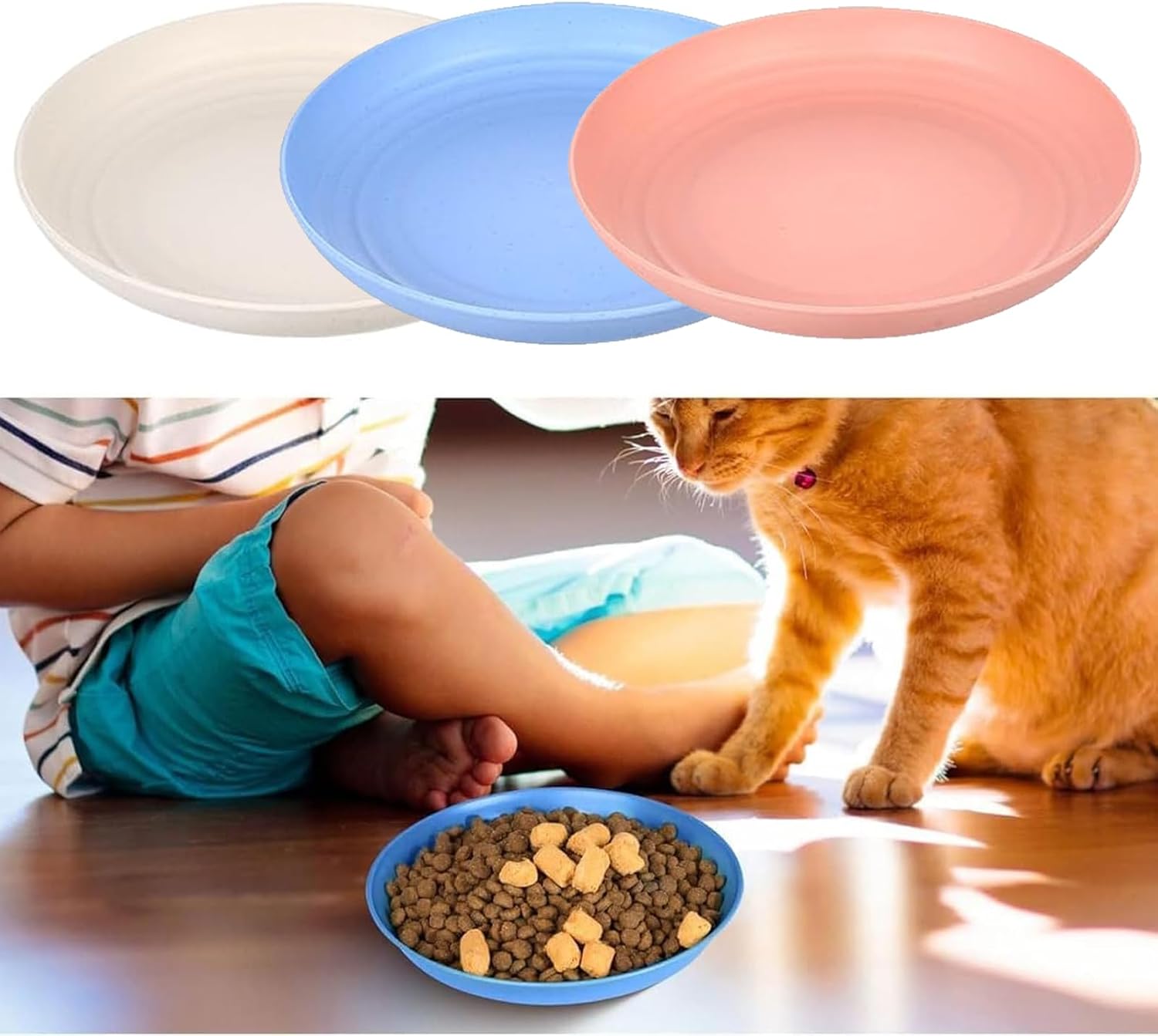 Three pet bowls in beige, blue, and pink with a cat eating from a bowl of food at Pet Servo