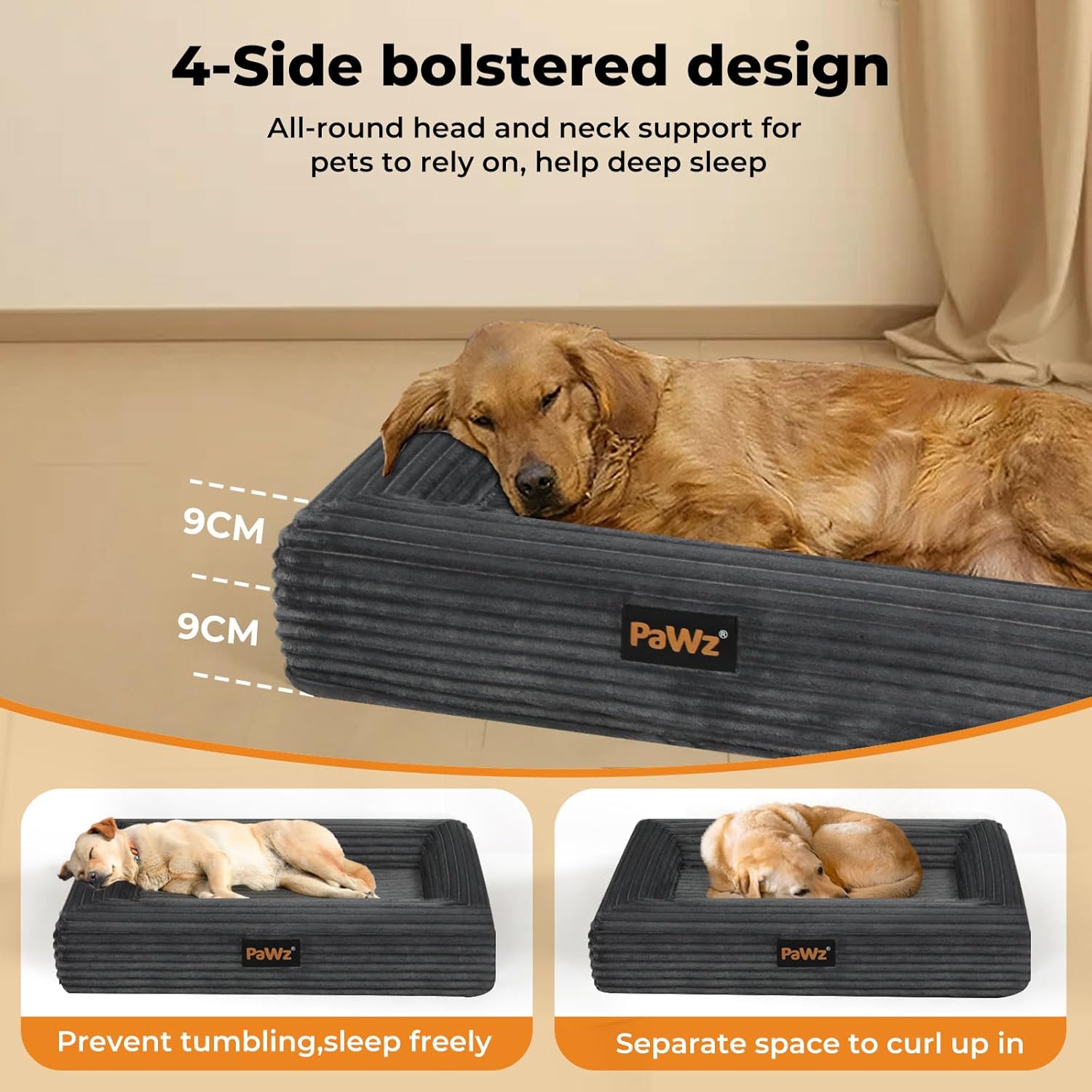 Dog lying on a 4-side bolstered pet bed with text highlighting features, brand 'PaWz' visible at Pet Servo