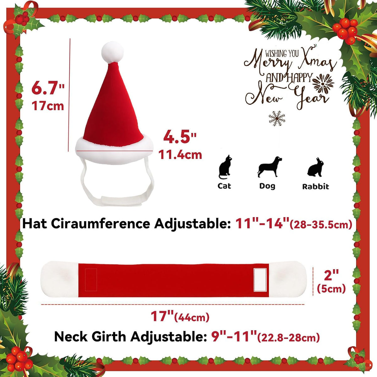 Measurement chart for a dog Santa hat with festive border and text at Pet Servo