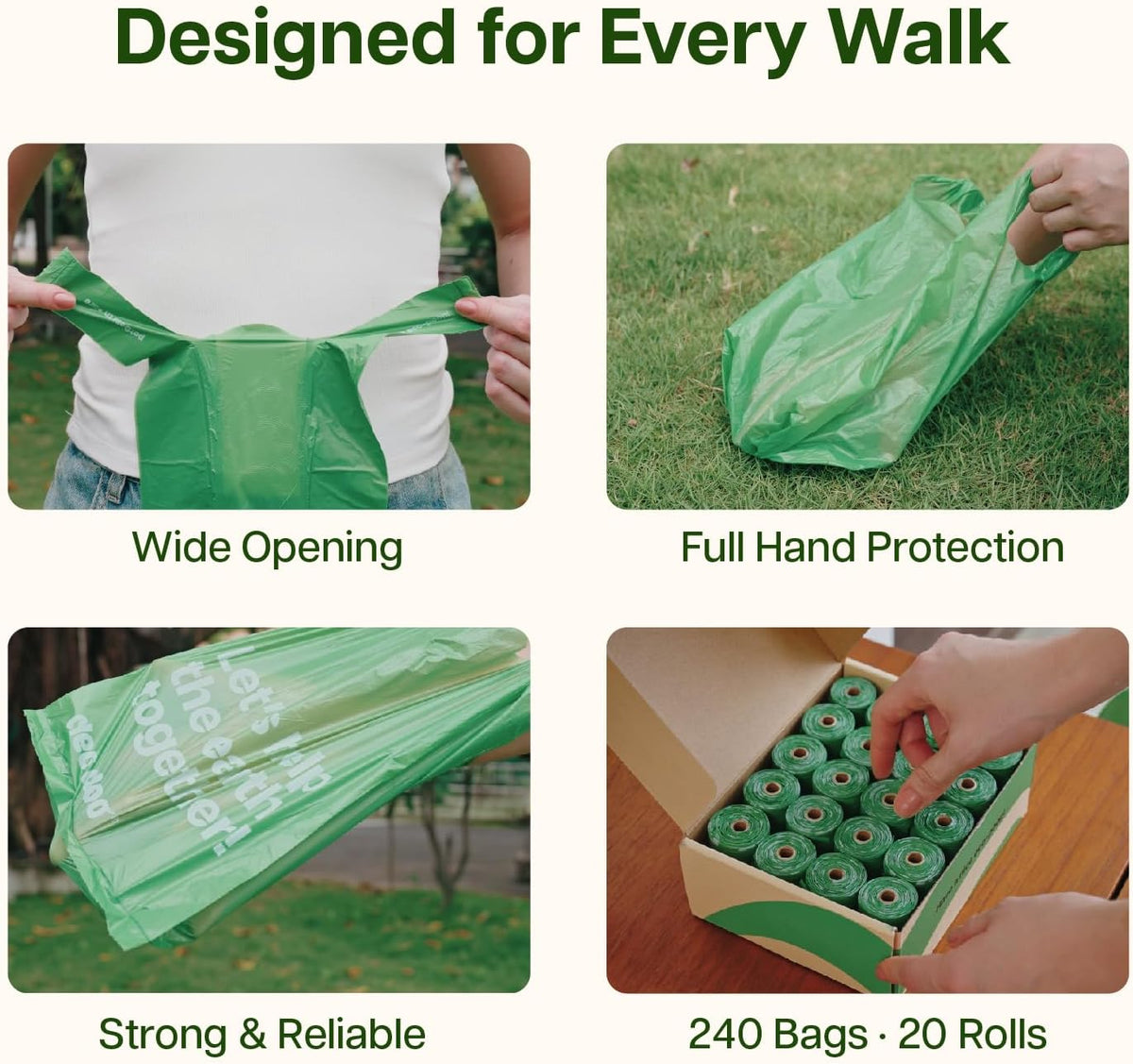 A four-panel product demonstration graphic for green plastic bag liners. The top text reads 'Designed for Every Walk at Pet Servo